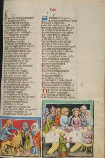 Samson Killing a Lion: Samson's Wedding; Weltchronik, about 1400-1410. Creator: Unknown.