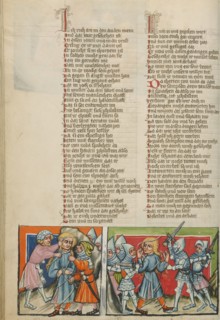 Samson being Bound: Samson Breaking the Ropes; Weltchronik, about 1400-1410. Creator: Unknown.