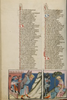 Samson Carrying Off the City Gate of Gaza: Delilah Tying Up Samson; Weltchronik, about 1400-1410. Creator: Unknown.