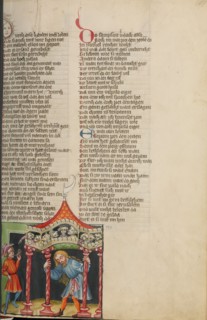 Samson Pulling Down the Pillars of the Palace; Weltchronik, about 1400-1410. Creator: Unknown.