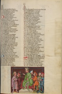 David with the Head of Goliath before Saul; Weltchronik, about 1400-1410. Creator: Unknown.