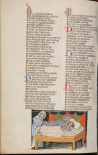 Elisha Raising a Woman's Dead Child; Weltchronik, about 1400-1410. Creator: Unknown.