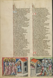 Abraham and the Three Angels: The Sodomites Beating on Lot's House; Weltchronik, about 1400-1410. Creator: Unknown.