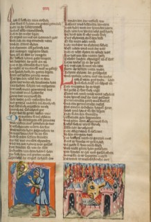 The Angel Talking to Lot: The Destruction of Sodom; Weltchronik, about 1400-1410. Creator: Unknown.
