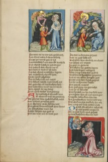 Hagar and Ishmael in the Wilderness: An Angel Leading Hagar and Ishmael..., about 1400-1410. Creator: Unknown.