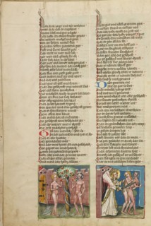 Adam and Eve Eating the Forbidden Fruit: The Expulsion from Paradise; Weltchronik, about 1400-1410. Creator: Unknown.