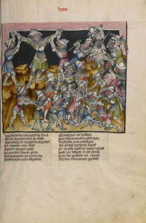 The Battle of the Amalekites: Moses Raising his Arms in Prayer; Weltchronik, about 1400-1410. Creator: Unknown.