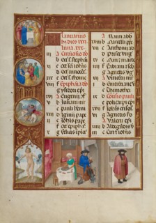 January Calendar Page: Feasting and Warming: Aquarius; Spinola Hours, about 1510-1520. Creator: Workshop of Master of the First Prayer Book of Maximilian.