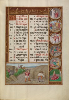 August Calendar Page: Reaping: Virgo; Spinola Hours, about 1510-1520. Creator: Workshop of the Master of James IV of Scotland.
