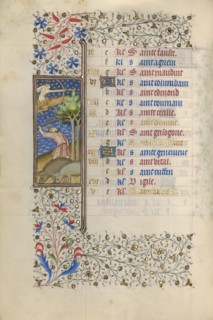 A Man Knocking Acorns from a Tree; Book of Hours, about 1415-1420. Creator: Workshop of the Master of the Rohan Hours.
