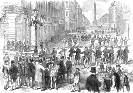 The Civil War in Paris: the rue de la Paix and Place Vendôme guarded by the insurgents, 1871. Creator: Unknown.