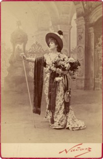 Sarah Bernhardt as Floria Tosca in Act I of Sardou's 'Tosca', neg 1887; print and mount after 1889. Creator: Nadar.