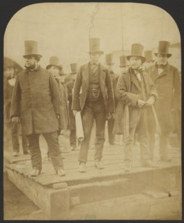 Group portrait: J. Scott Russell, Henry Wakefield, Isambard Kingdom Brunel, Lord Derby, 1857. Creator: Robert Howlett.