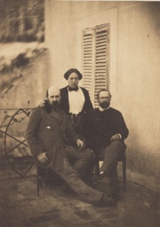 Portrait of Rachel Félix and Two Unidentified Men on a Balcony, 1853. Creator: Charles Nègre.