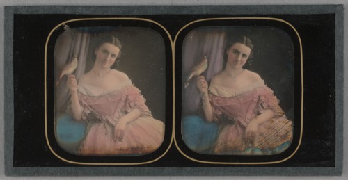 Portrait of a Seated Woman with a Bird Perched on Her Finger, about 1855. Creator: Unknown.