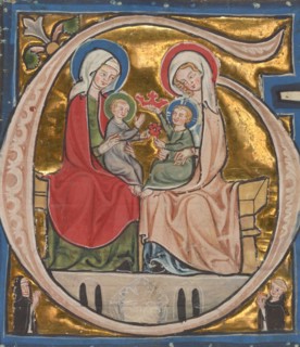 Initial G: The Virgin, Saint Elizabeth, and the Infants John the Baptist and Christ, about 1300. Creator: Unknown.