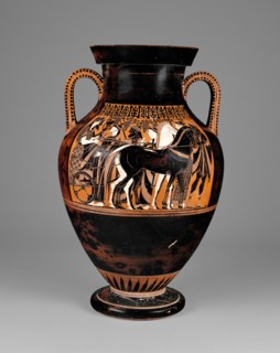 Attic Black-Figure Amphora, 550-530 BC. Creators: Painter of the Vatican Mourner, Exekias.
