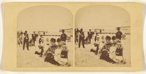 Family portrait at the beach, probably New York, about 1878. Creator: Halls.