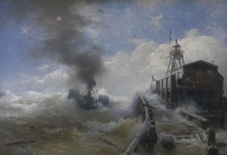 A Tug Leaving the Port of Ostend at High Tide, 1878. Creator: Andreas Achenbach.