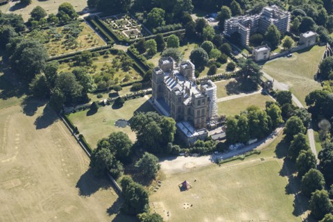 Hardwick New and Old Halls, both under scaffolding, and walled gardens, Derbyshire, 2022. Creator: Emma Trevarthen.