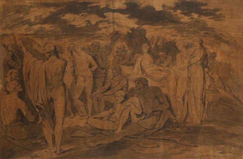 Poet reciting to a crowd seated and standing around a tree (or Homer and Orpheus), 1770s. Creator: James Jefferys.
