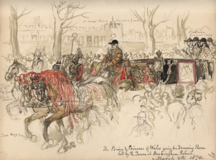 Leaf from a sketchbook with a drawing of the Prince and Princess of Wales going to a..., 1870. Creator: Sir John Gilbert.