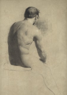 Life study of a seated male nude viewed from the back, 1840s or 50s. Creator: William Quiller Orchardson.