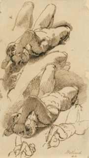 Sketches of a reclining male nude, (c1800?). Creator: Thomas Stothard.