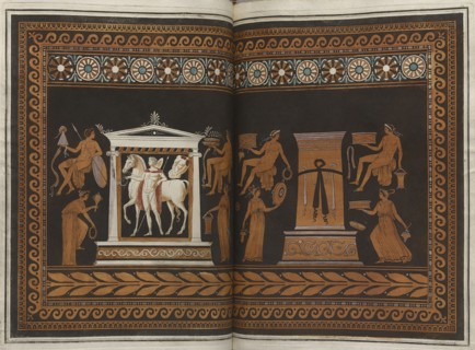 The Hamilton Vase: Colour plate of youth in a temple, stele and eight youths, 1766 [-1767].  Creator: Unknown.