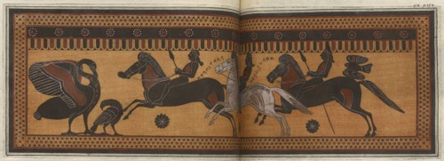 The Hunt Krater: coloured plate showing three galloping horsemen, 1766 [-1767].  Creator: Unknown.