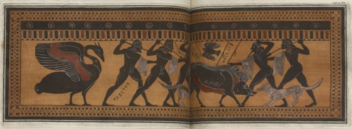 The Hunt Krater: colour plate of boar hunt with five hunters, 1766 [-1767].  Creator: Unknown.