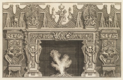 Design for a chimneypiece with detailed moulded surround with figures, lattice-work, horses..., 1769 Creator: Giovanni Battista Piranesi.