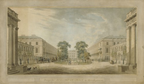 Design for 'Burlington Place', Burlington House site redevelopment, Piccadilly, Westminster..., 1808 Creators: Humphry Repton, John Adey Repton.