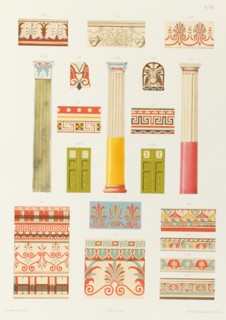 Colonnes, pilastre, ornements, portes, cymaises, antéfixe et fragments de Pompéi, de la..., 1851. Creator: Franz Kellerhoven.
