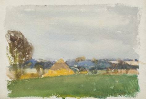 Landscape with haystack, early-mid 1880s. Creator: George Clausen.