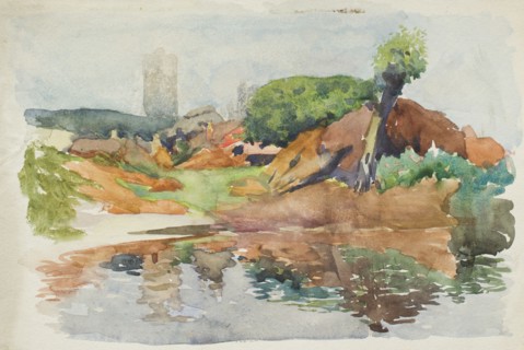 Village scene with pond, c1875-1944. Creator: George Clausen.