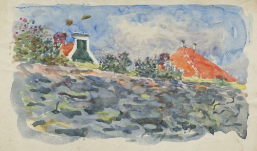 Study of a wall with roofs of houses beyond, c1883. Creator: George Clausen.