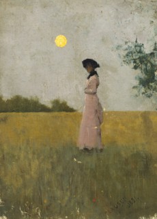 View of a Lady in Pink standing in a Cornfield, 1881. Creator: George Clausen.