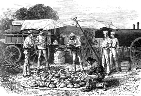 The Autumn Campaign: steam bakery - drawing a batch of loaves, 1872. Creator: Unknown.