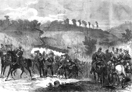 The Three Emperors at Berlin: military manoeuvres near Spandau - cavalry crossing pontoon, 1872. Creator: Unknown.