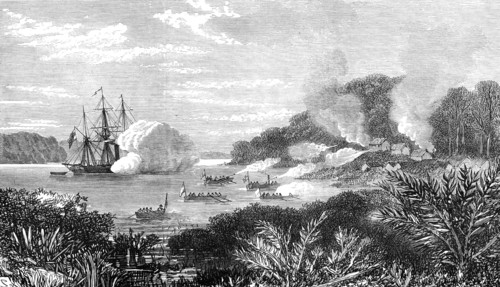 Destruction of a pirates' stronghold at Sulu by H.M.S. Nassau, 1872. Creator: Unknown.