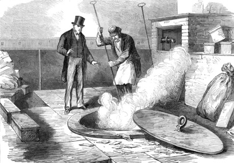 Sketches in the Bank of England: burning returned bank-notes, 1872. Creator: Unknown.
