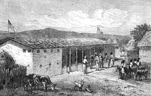 Visit of Arabs to Livingstone and Stanley at Unyanyembe, 1872. Creator: J. B. Zwicken.