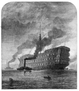 Departure of the Dreadnought hospital ship from her old moorings in the Thames, 1872. Creator: John Greenaway.