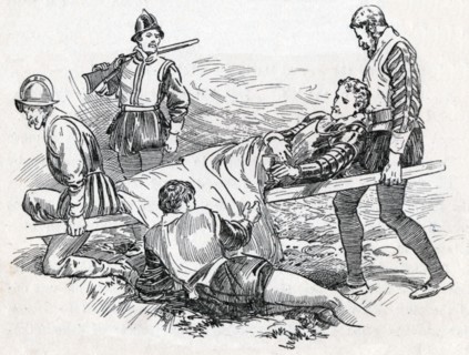 'Sir Philip Sidney on the Battlefield of Zutphen', c1900. Creator: Howard Davie.