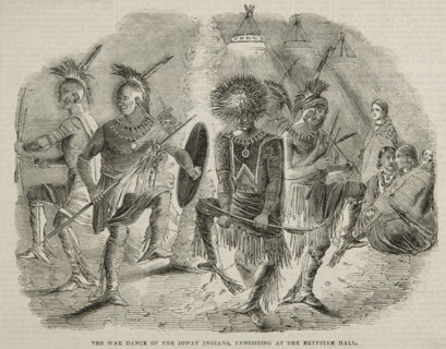 The War Dance of the Ioway Indians, exhibiting at the Egyptian Hall, 1844. Creator: Unknown.