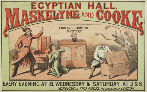 Egyptian Hall - Maskelyne and Cooke - England's Home of Mystery, Screvins in Two Pieces, 1880.  Creator: Unknown.