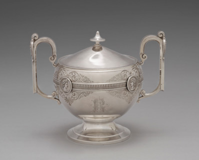 Sugar bowl with lid for the Medallion pattern tea and coffee service, 1864-1867. Creators: George Wilkinson, Gorham Manufacturing Company, J.E. Caldwell & Co.