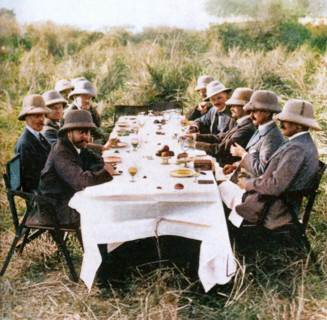 King George V (1865-1936) having lunch after tiger hunting in Nepal, 1911 (1936). Creator: Unknown.