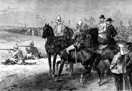 Mounted Volunteer Riflemen shooting at Wimbledon for Colonel Loyd-Lindsay's Prize, 1873. Creator: Unknown.